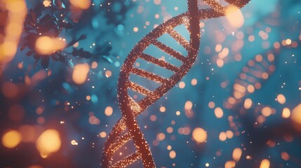 The image shows a glowing blue DNA strand on a dark background with particles, representing genetic research, science, and biotechnology.