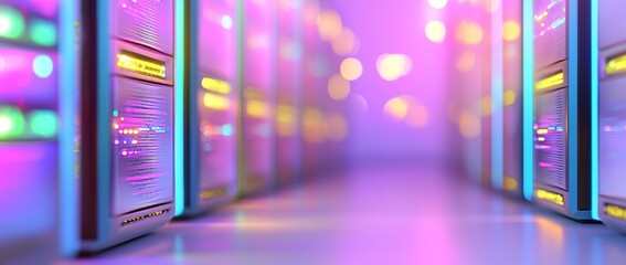 This futuristic data center hallway features rows of server racks and digital technology illuminated by vibrant blue and red lights.