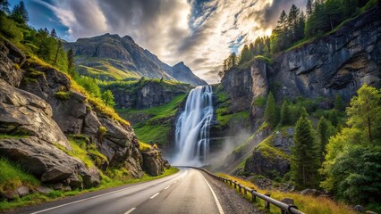 Scenic view of road leading to mountain waterfall on vacation trip