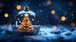 © Jearu - Weihnachtsbaum in einer Weihnachtskugel aus Glas, Gläserne Christbaumkugel mit leuchtendem Tannenbaum, blauer Hintergrund mit Schneeflocken und warmen Lichtern