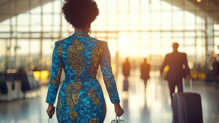 A woman in a vibrant outfit walks through an airport terminal at sunset.