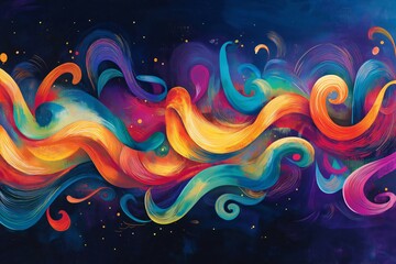 Wall Mural - this vibrant abstract design features swirling and flourishing lines of color set against a dark bac