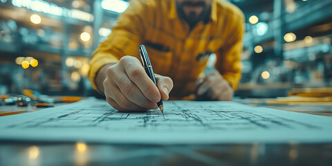 Construction and structure concept of engineer working drawing on blueprint.