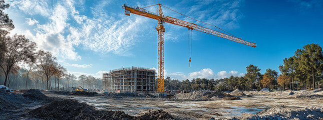 construction site and yellow crane on the background blue sky,