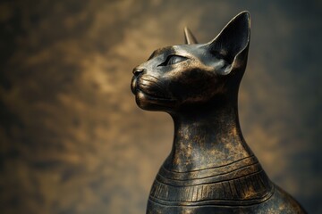 Stunning bronze statue of the Egyptian cat goddess Bastet gazes upwards, embodying ancient history and culture with intricate details exuding power and protection against a dark background