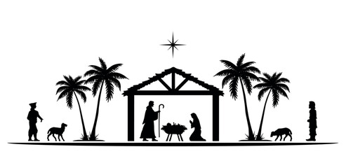 Christmas Nativity scene background. Black silhouettes isolated on white. Vector illustration.