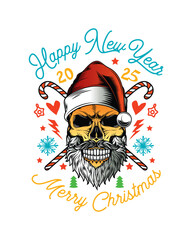 Wall Mural - Skull with beard and mustache in Santa Claus hat. Christmas and New Year poster. Original vector illustration in vintage style. T-shirt design.