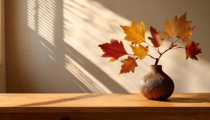 A warm and inviting home interior featuring a handmade vase with a dry autumn branch showcasing colorful leaves. Generative AI