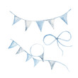 © Tatiana - Set of Bunting Party Flags and Bow. Hand drawn Watercolor illustration of Blue Birthday Decoration in Vintage style isolated on a white background. Design Elements for Birthday, Baby Shower, Boy