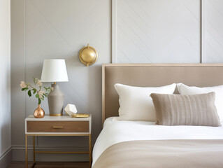 Living room interior in modern minimalist style with wooden panneling and bronze metallic accent decor. Neutral and light colors interior with wood wall panels. Wood wall panneling.