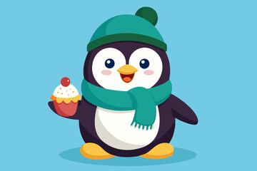 Canvas Print -  A cute penguin with a hat and scarf eats an ice cream 