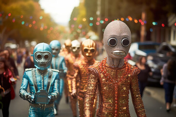 Futuristic costumes with robot masks showcased in a lively street parade under bright festive lights, celebrating creativity and modern artistry