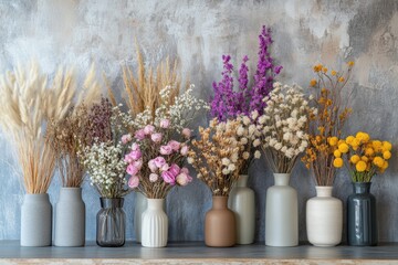 Poster - A collection of various fluffy dried flowers in different vases adds charm to the cozy atmosphere of the apartment's interior. Generative AI