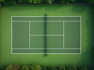 Aerial view of split symmetry tennis court with green surface and forested edges, outdoor sports