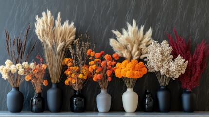 Poster - Colorful dried flowers arranged in stylish vases bring a touch of nature and warmth to a contemporary apartment space. Generative AI