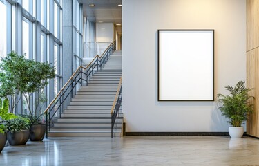 Wall Mural - A blank poster frame mounted on the wall of an office building, complemented by stairs leading up, showcasing a simple modern interior design with white walls and wood accents