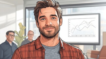 A vector illustration of a young entrepreneur standing in front of a graph on a screen, giving a presentation to a small group of investors in a modern office space. 