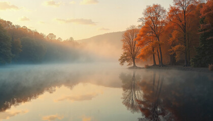 Wall Mural - Misty autumn lake with colorful trees at sunrise