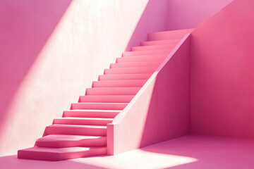 Pink staircase in pink room with colorful balloons scattered around, creating a whimsical and vibrant atmosphere.