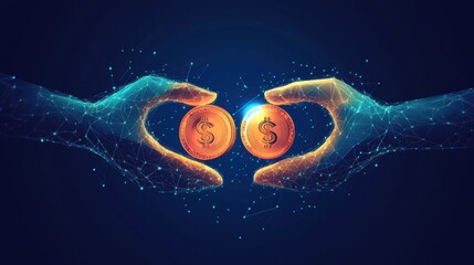 Abstract money exchange. Two hands holding digital coin with circular arrows. Cashback or cash return metaphor. Money transfer or return. Low poly vector illustration with 3D effect on blue background