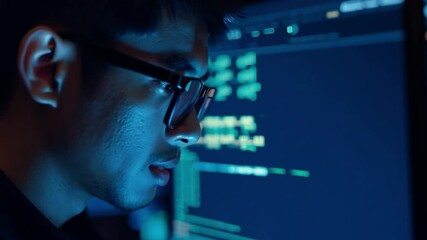 Software developer concentrating on code in a dark office, immersed in work during late night hours
