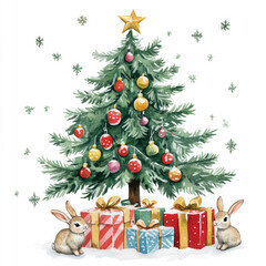 Festive Christmas tree with gifts wrapped in bright paper, with two bunnies curiously exploring beneath. Handdrawn watercolor illustration on a clean white background, ideal for winterthemed cards or