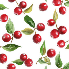 Wall Mural - A seamless pattern with vibrant red cranberries and delicate green leaves, botanical watercolor illustration. The juicy berries are scattered across a white background, creating a fresh winterthemed