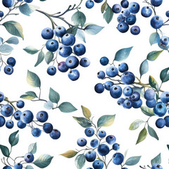 Wall Mural - A seamless pattern with ripe blueberries and delicate leaves, botanical watercolor illustration. The vibrant blue berries are scattered across a clean white background, creating a fresh, modern design