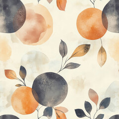 Wall Mural - Soft watercolor circles and handdrawn leaves form an artistic seamless pattern, combining abstract shapes with natural elements. A perfect design for chic fabric prints, wallpapers, or creative decor.