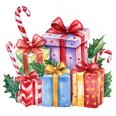 Wall Mural - Watercolor illustration of Christmas gifts in different shapes and sizes, wrapped in colorful paper with candy canes and holly leaves peeking out, all set against an isolated white background. Ideal