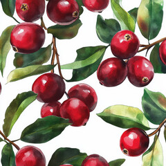 Wall Mural - A seamless pattern featuring bold red cranberries and rich green leaves, botanical watercolor illustration. The bright berries create a fresh, modern design perfect for winter textiles or stationery.