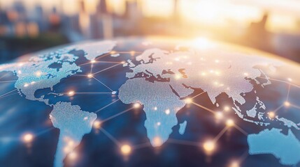 Wall Mural - 3d world map with lines representing global trade, connecting continents with bright, glowing paths 