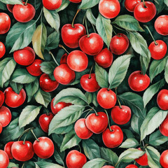 A seamless pattern featuring bright red cherries and green stems, botanical watercolor illustration. The plump, ripe cherries repeat beautifully in a playful summer design, ideal for fabric or