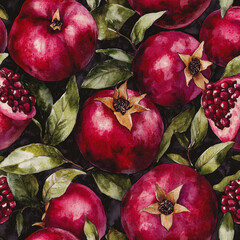 Wall Mural - A seamless pattern featuring deep red pomegranates with green leaves, botanical watercolor illustration. The intricate, textured fruits add richness and depth to the design, perfect for elegant