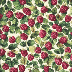 Wall Mural - A delightful seamless pattern featuring handpainted raspberries in shades of red and pink, surrounded by green leaves. This sweet design captures the essence of summer and is ideal for kitchen