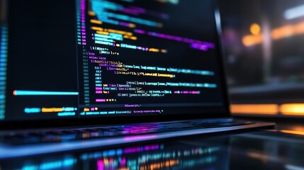A close-up of code displayed on a laptop screen, highlighting programming and technology.
