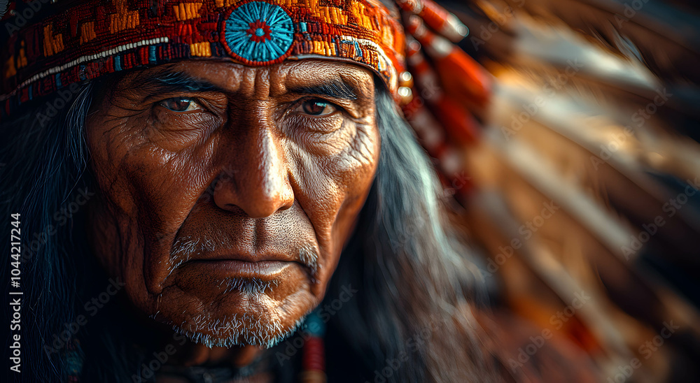 Portrait of a Native Indian man who is a chief and elder wearing a ...