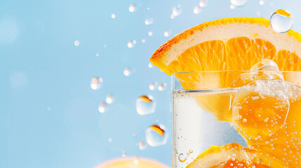 Wall Mural - orange slice in glass with refreshing orange drink bubbly beverage and a bright blue background