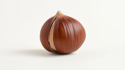 Whole chestnut with shell on white background, healthy nut snack concept copy space