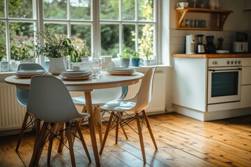 elegant dining space, a cozy kitchen with a round dining table adorned with elegant dinnerware and a view from the window, enhanced by wooden floors