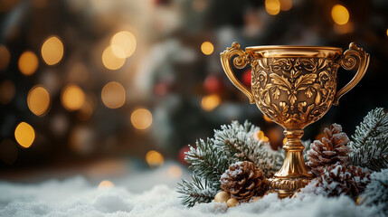 Wall Mural - gold winner's trophy against festive christmas tree lights