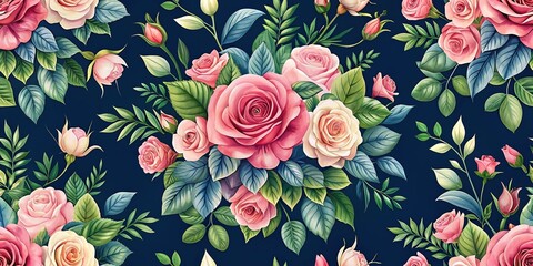  seamless floral background with pink roses and green leaves on navy blue background