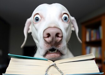 A white dog displays a funny shocked expression while holding an open book