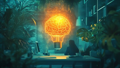 Wall Mural - Collaborative brainstorming in a modern office with a glowing light bulb, plants, and a digital brain, emphasizing sustainable growth and ecofriendly ideas