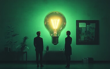 Conceptual image of two people in a green office environment, illuminated by a glowing light bulb, representing innovative finance strategies