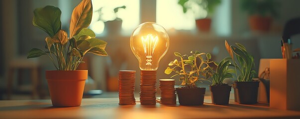 Wall Mural - Dynamic scene of a modern office with a light bulb, flourishing plants, and stacked coins, representing sustainable growth and ecofriendly solutions