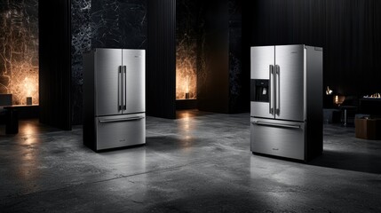 two sleek and modern stainless steel refrigerators in a dark room interior