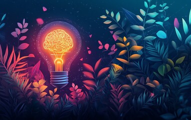 Wall Mural - Artistic representation of a corporate brainstorming environment with a light bulb, plants, and a digital brain, focusing on innovative sustainable ideas