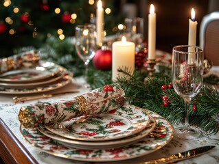 A Christmas Eve dinner table set with festive candles, holiday plates, and Christmas crackers