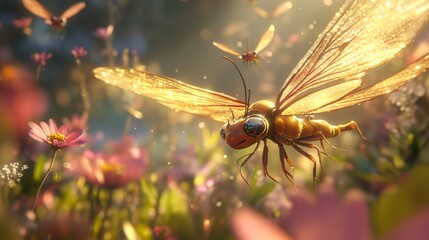 Canvas Print - Golden Dragonfly in a Field of Flowers